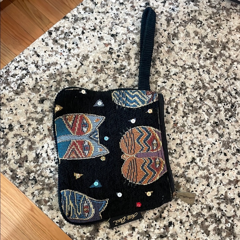 Laurel Burch Cat Design Wristlet - Black, Blue, Orange